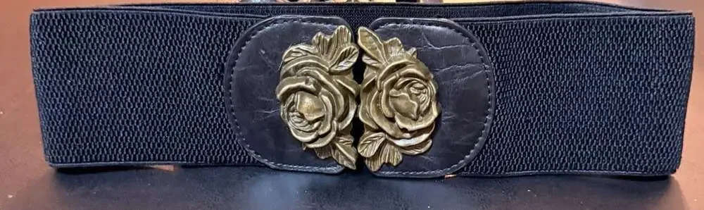Forever 21 Women's Black Elastic Waist Belt with Vintage Rose Floral Buckle